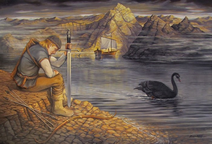Man with sword and bow by river with boat and swan