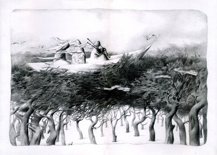 Drawing of figures in a boat playing music in a forest
