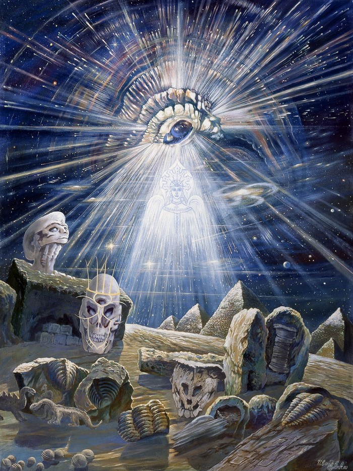 Cosmic vision with alien figures and pyramids