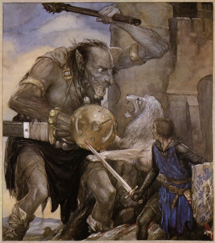 Giant fighting a lion and a knight