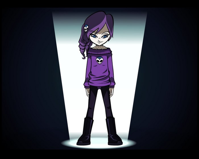 Girl with purple hair and skull sweater