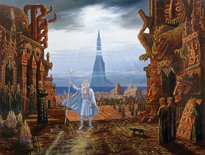 Fantasy cityscape with a wizard and ancient architecture