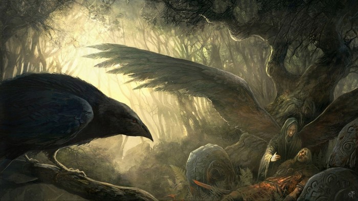 Mythological scene with a crow and winged figure over a body