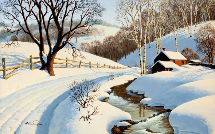 Winter landscape with snow-covered path and stream