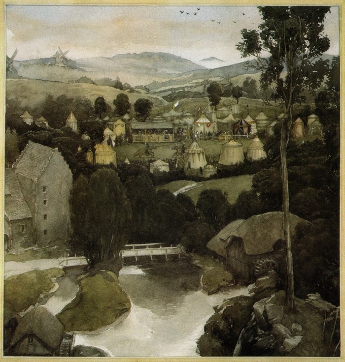 Fantasy Village Scene with Tents and Watermill
