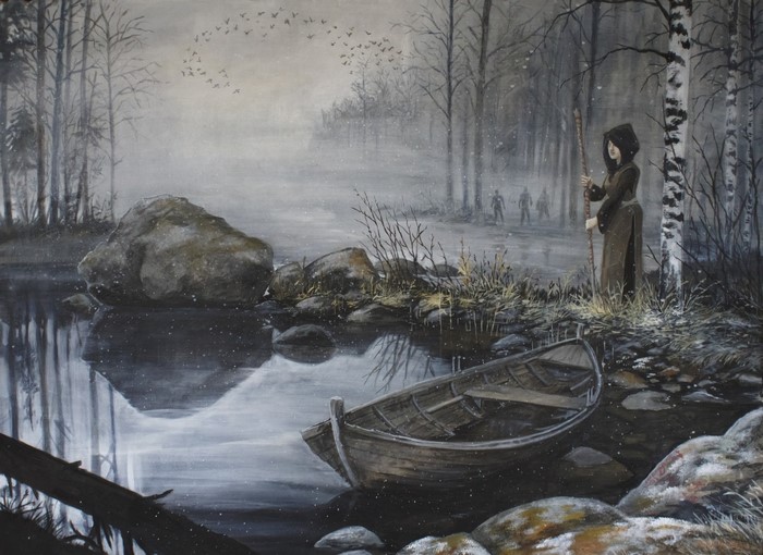 Painting of a hooded figure by a misty forest stream with a boat