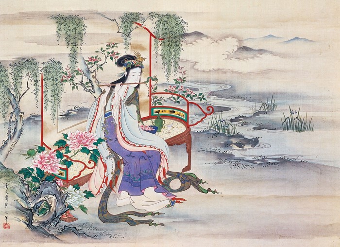 Woman with snake playing flute by a river