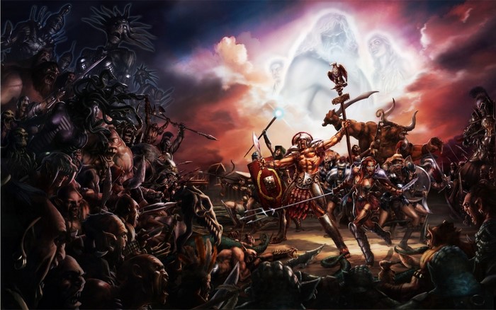 Painting of a mythological battle with gods and monsters