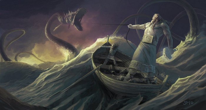 Thor fishing for Jörmungandr in a boat
