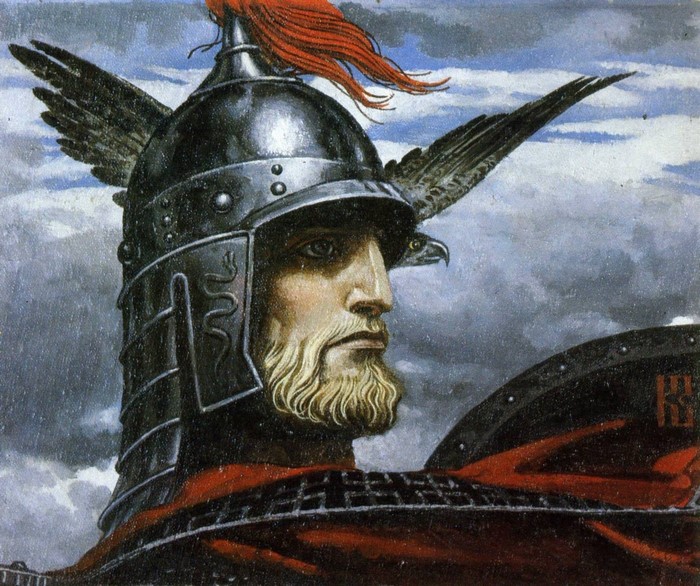 Painting of a Slavic warrior in helmet with eagle