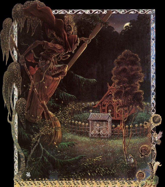 Baba Yaga flying on a broomstick over a village