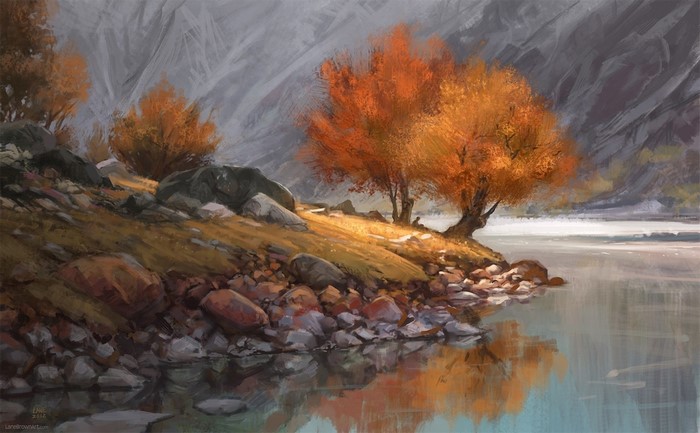Autumn landscape painting with trees and a river