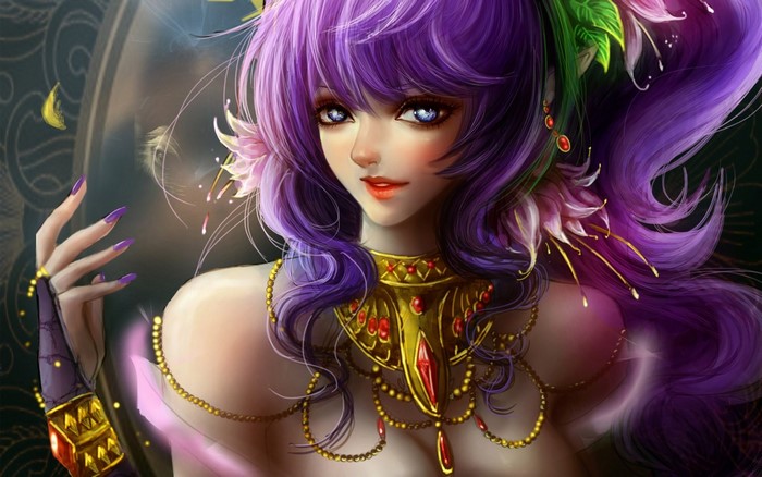 Illustration of a woman with purple hair and ornate jewelry