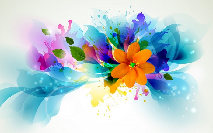 Abstract colorful flower with paint splatters and leaves