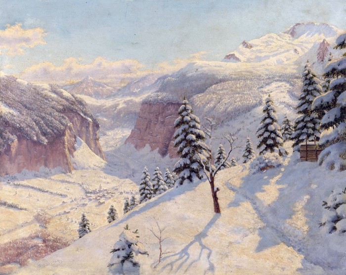 Snowy mountain valley landscape with fir trees