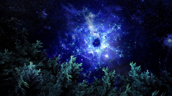 Digital art of a forest against a nebula in space