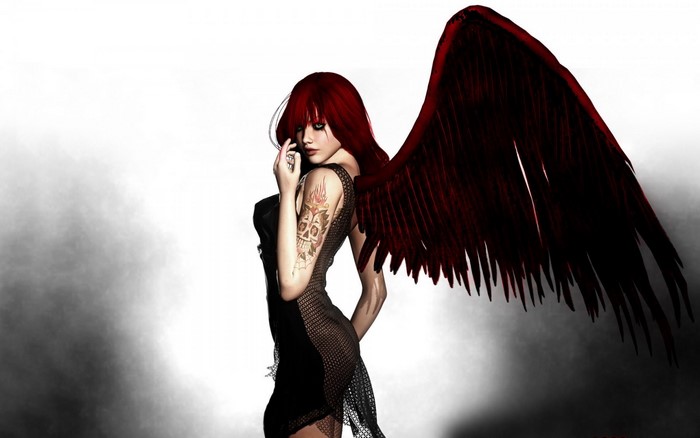 Woman with red hair and dark wings