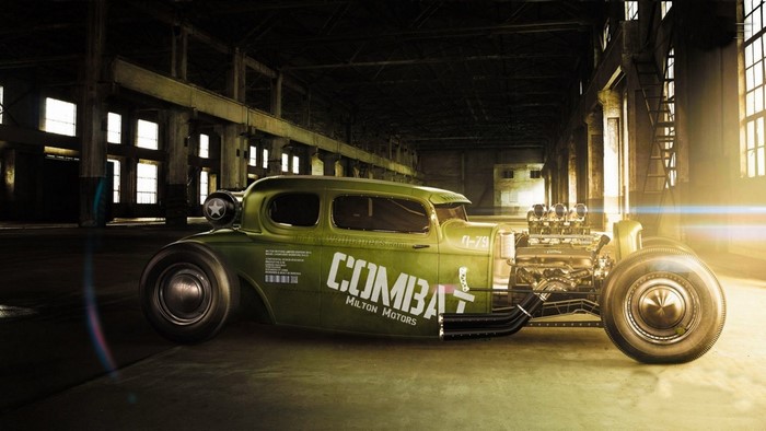 Green 'Combat' Hot Rod with Exposed Engine in Warehouse