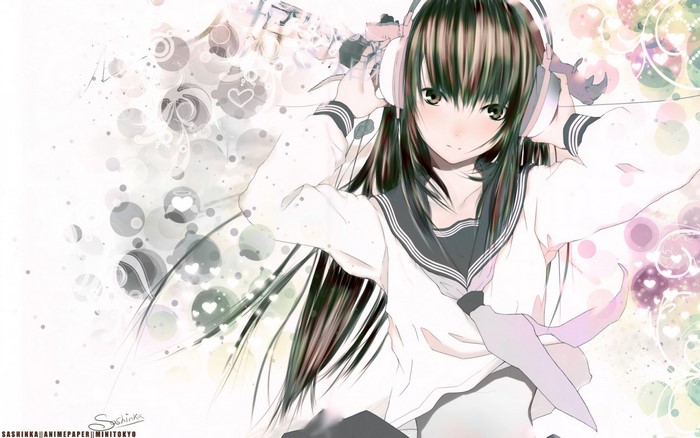 Anime girl with headphones wearing a school uniform