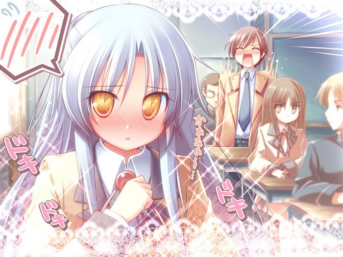 Girl with white hair in classroom from Angel Beats