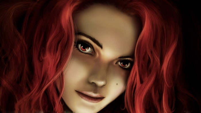 Artwork of a woman with long red hair and red eyes