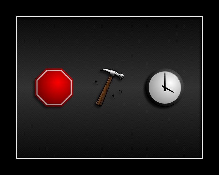 Stop sign, hammer, and clock illustration