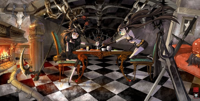 Black Rock Shooter characters at a table with scythes