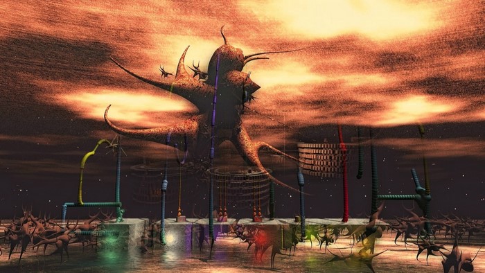 Surreal alien landscape with strange structures and a fiery sky
