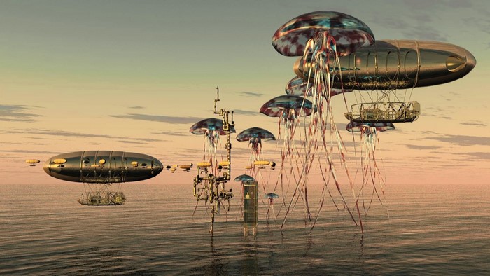 Steampunk jellyfish airships over the ocean