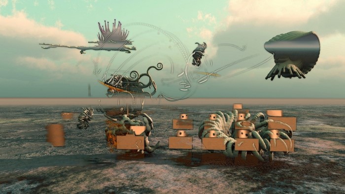 Surreal fantasy landscape with flying creatures and structures