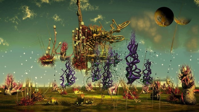 Alien landscape with strange flora and celestial bodies
