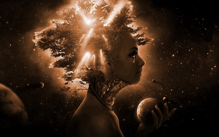 Woman with trees growing from her head in outer space