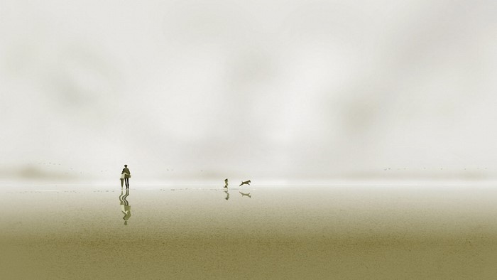 Couple and dog on a misty beach with reflections