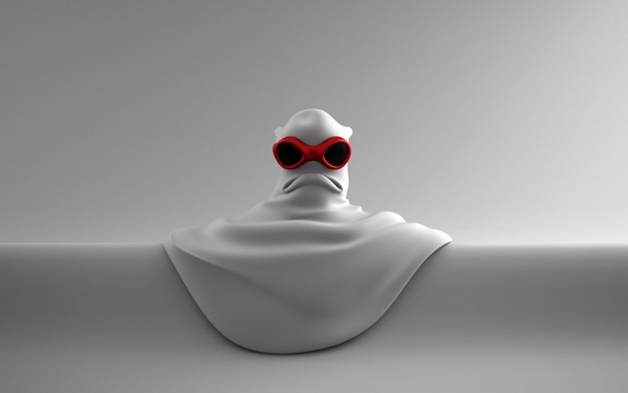 White sculpture with red goggles on a white background