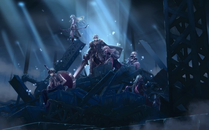 Anime characters on debris with light effects