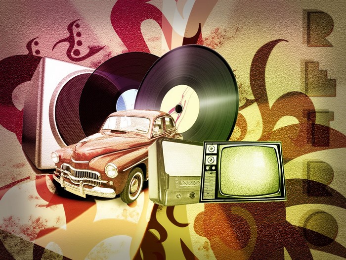 Vintage car, vinyl records, television, and speaker