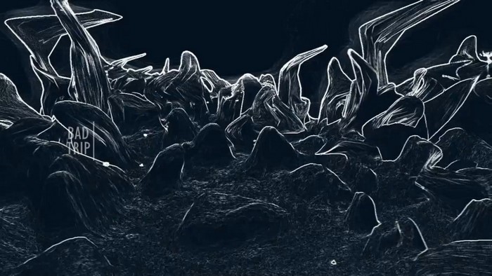 Abstract dark landscape with white outlines and text