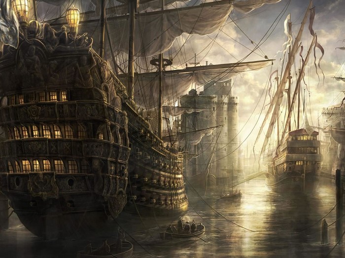 Pirate ships docked in a harbor with stone towers