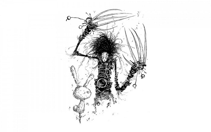 Edward Scissorhands with a bunny sculpture