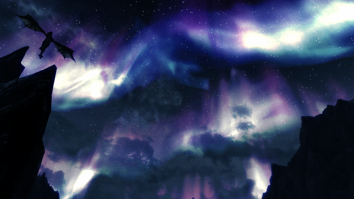 Dragon flying in front of aurora borealis in Skyrim