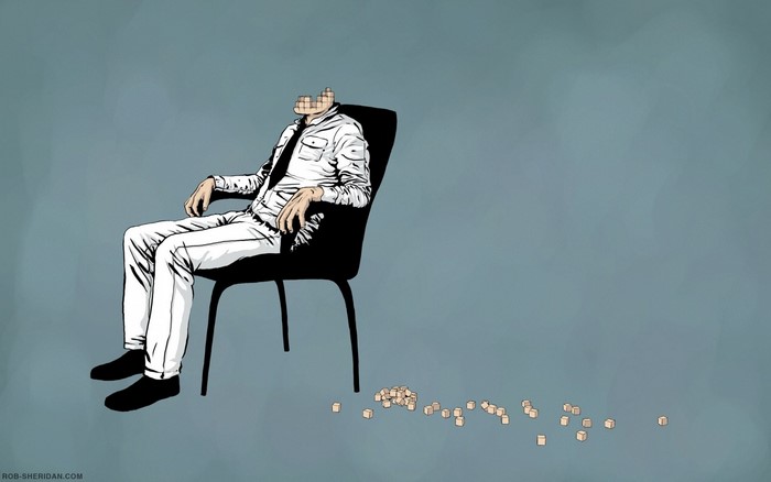Man with pixelated face sitting in a chair