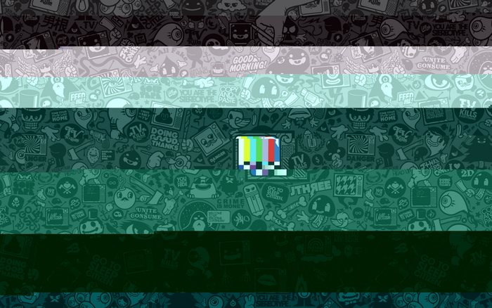 Glitch art flag with cartoon patterns and text