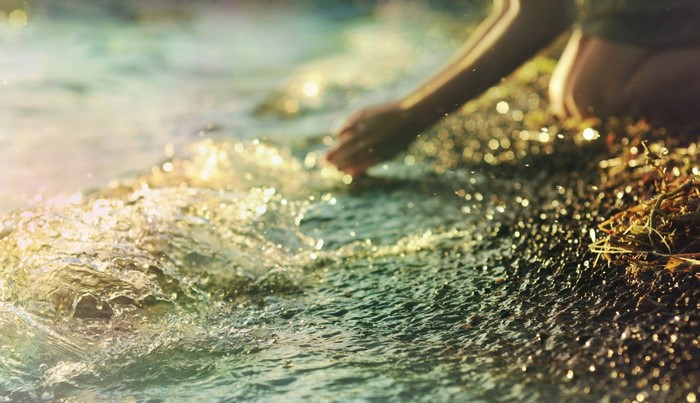 Person touching water at the shore