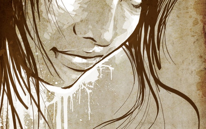 Close-up painting of a woman's face with brown hair