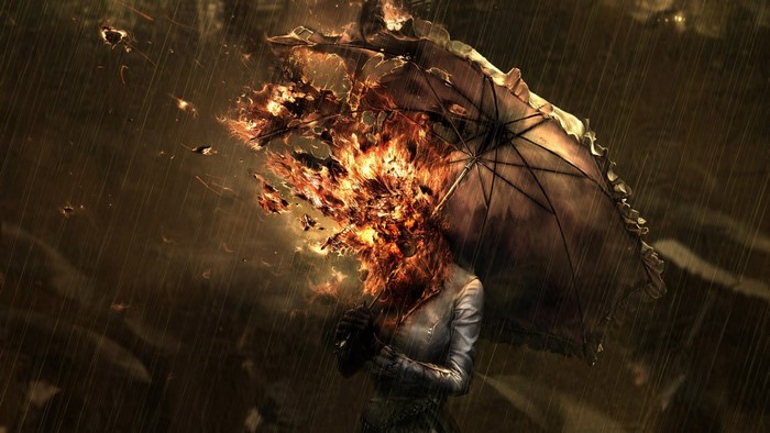 Person with flaming head holding an umbrella in the rain
