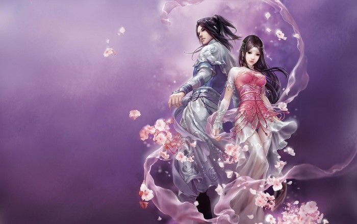 Fantasy art of a couple surrounded by flowers