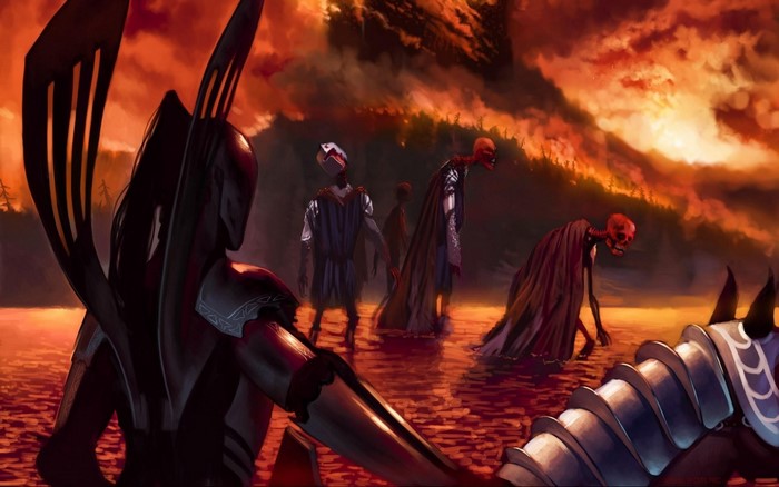 Fantasy art of skeletal figures in a fiery landscape