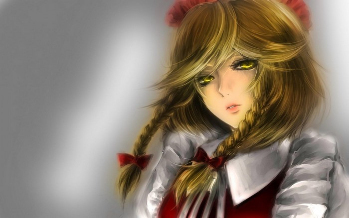 Anime girl with blonde hair and red ribbons