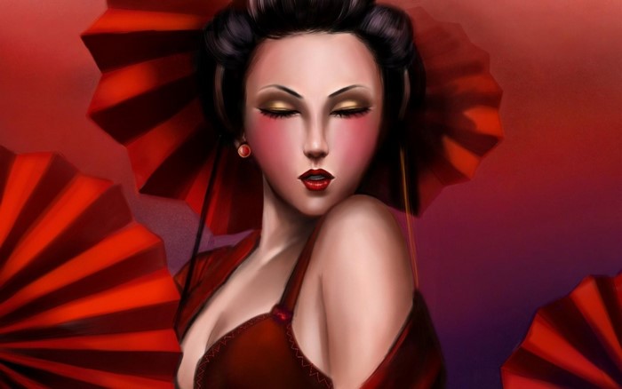 Woman with black hair and red fans