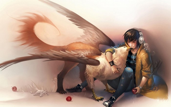 A person with headphones and a griffin